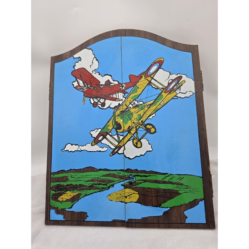 Vintage Dart Board Cabinet Red Baron Plane Fight  Hand Painted On Wood 18x14